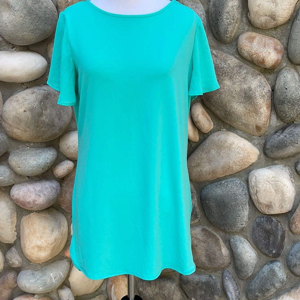 Susan Graver Solid Turquoise Flutter Sleeve Blouse XS